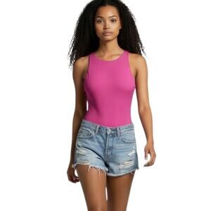 Zara Basics Women's Bodysuit M Hot Pink Seamless Crew Neck Sleeveless Stretchy